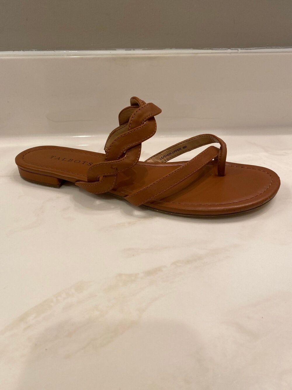 Talbots Brown Leather Strappy Sandals Size 8 M Flats Thong Slip On Braided Beach - Picture 2 of 11